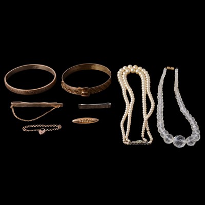 Lot 514 - A crystal necklace, tie bars, baby brooch, two bangles. simulated pearls.