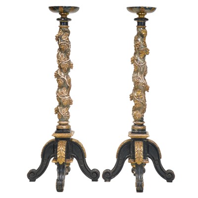 Lot 279 - Pair of carved and painted wood torcheres