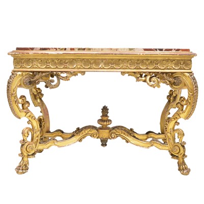 Lot 280 - Regency style carved and gilt table, variegated marble top
