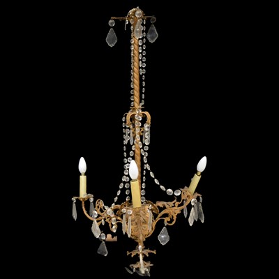 Lot 192 - Pair of American(?) gold painted metal three light chandeliers