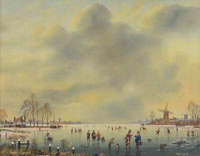 Lot 377 - Temple, Dutch winter landscape with figures skating