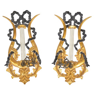 Lot 194 - Pair of lyre shaped wall sconces