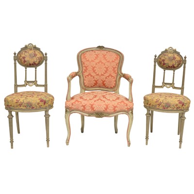 Lot 474 - Pair of French painted wood salon chairs and a fauteuil