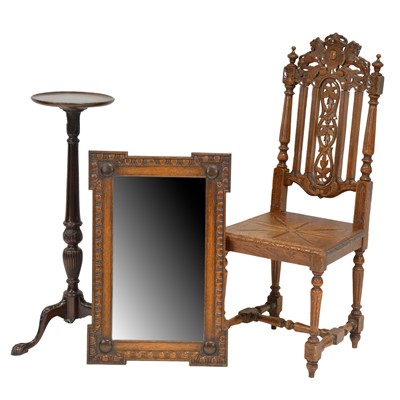 Lot 437 - Victorian carved oak hall chair, oak framed mirror and a jardiniere stand