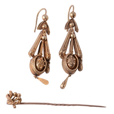 Lot 330 - A pair of Etruscan style drop earrings and a stick pin.