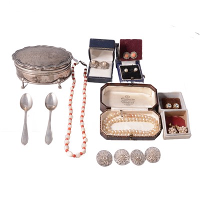 Lot 513 - A collection of gold, silver and costume jewellery, silver jewel box and two coffee spoons.