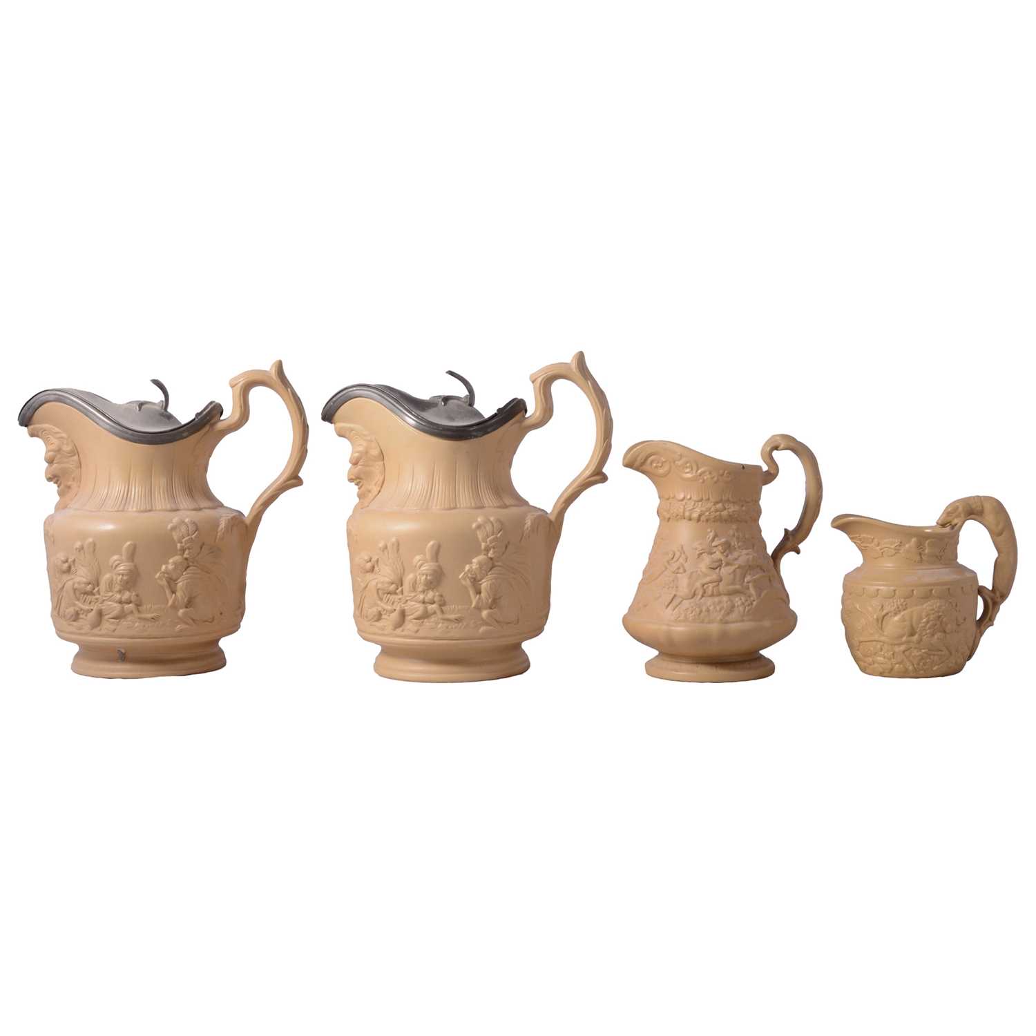 Lot 41 - Six buff-coloured relief-moulded jugs