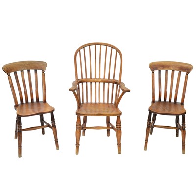 Lot 521 - Set of four Victorian elm and beech kitchen chairs, and a high back chair