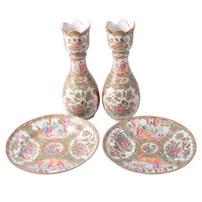 Lot 80 - Pair of Cantonese famille rose vases and a similar pair of plates