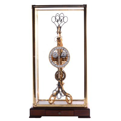 Lot 318 - Brass "scissors" skeleton clock, glazed case