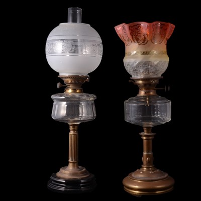 Lot 389 - Two Victorian brass and glass oil lamps