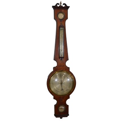 Lot 490 - George IV inlaid mahogany banjo-shape wall barometer.