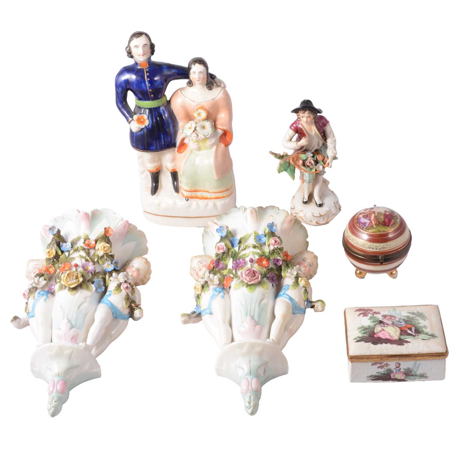 Lot 49 - Bilston style enamelled box and cover, and other decorative ceramics