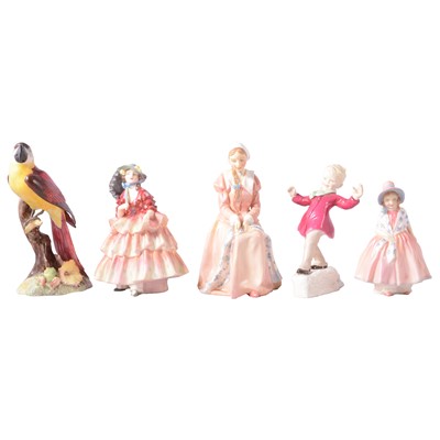 Lot 105 - Three Royal Doulton figurines, a Crown Derby Macaw, and other figurines