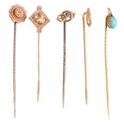 Lot 349 - Five yellow metal stick pins, some gemset.