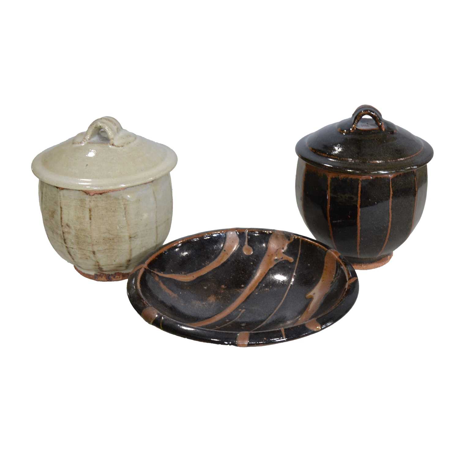 Lot 20 - Jim Malone for Lessonhall Pottery, two covered pots, and a slipware bowl