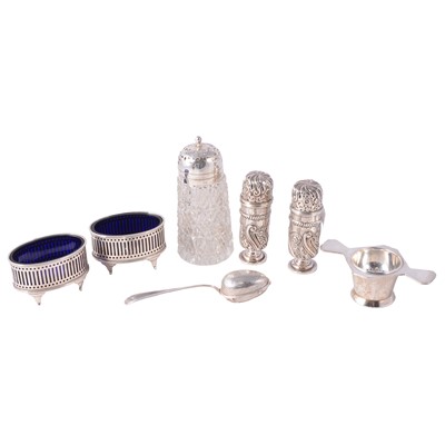 Lot 310 - Pair of Victorian silver sifters, pair of salts, a larger sifter, tea strainer, and another