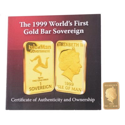 Lot 294 - The 1999 World's First Gold Bar Sovereign, Elizabeth II 1999, Isle of Man.