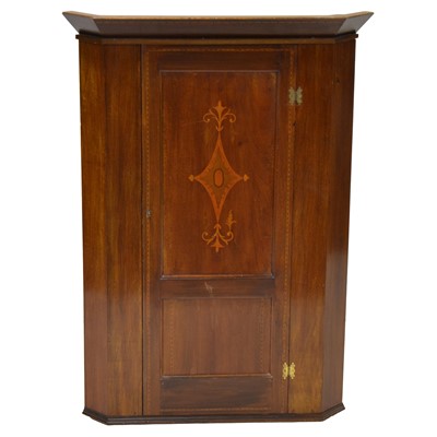 Lot 490 - George III style inlaid mahogany hanging corner cupboard