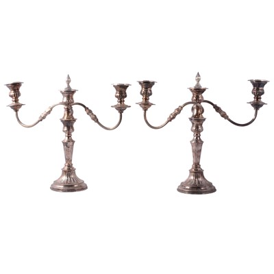 Lot 317 - Pair of electroplated three-light candleabra