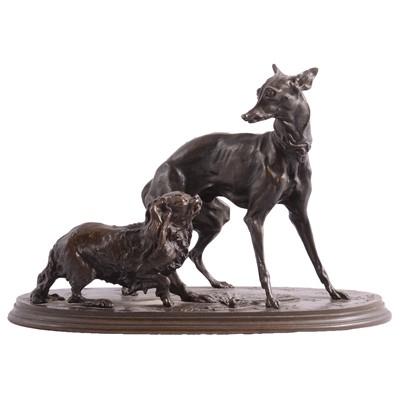 Lot 85 - Pierre Jules Mene, bronze group of a greyhound and spaniel, Groupe Levrier et King Charles