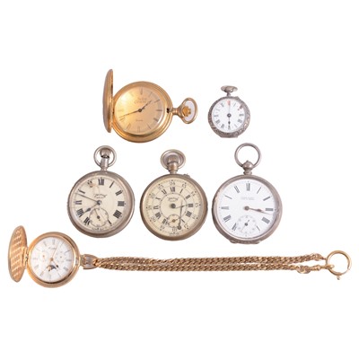 Lot 1126 - Six pocket and fob watches and a gilt metal chain.