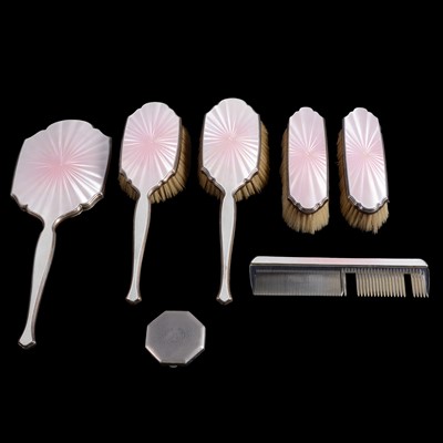 Lot 508 - A vintage silver and enamel dressing table set, powder compact.