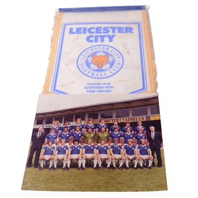 Lot 246 - Football interest; Box of Leicester City Football Club signed programmes, pennant, team photos, etc.