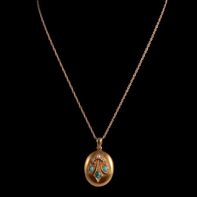 Lot 268 - A Victorian turquoise and pearl pendant and chain.