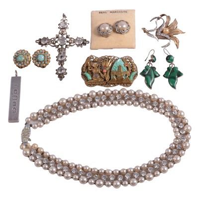 Lot 452 - An amethyst ring and earrings, Max Neiger brooch, slave bangle, paste necklace, marcasite etc.