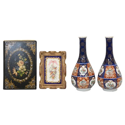 Lot 53 - Sevres style porcelain plaque, pair of Imari style vases and a blotter