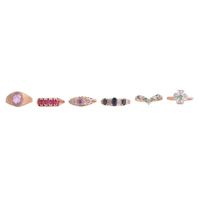 Lot 17 - Six modern/vintage 9 carat yellow gold gemset rings.