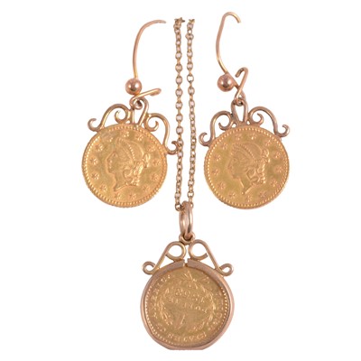 Lot 175 - A pair of 1 Dollar gold coin earrings and similar pendant.