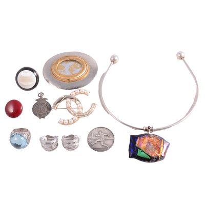 Lot 528 - Cultured pearl necklace, silver, white metal and costume jewellery, and football medals.