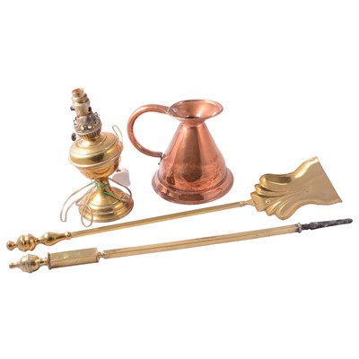 Lot 126A - Set of three brass fire irons, other brass and copper
