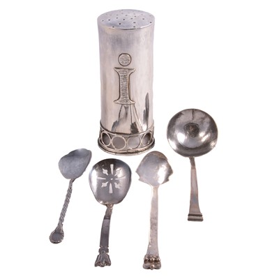 Lot 104 - Four craftsman made silver spoons, and a white metal sifter