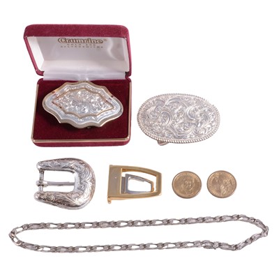Lot 535 - White metal chain, silver-plated buckles, and coins.
