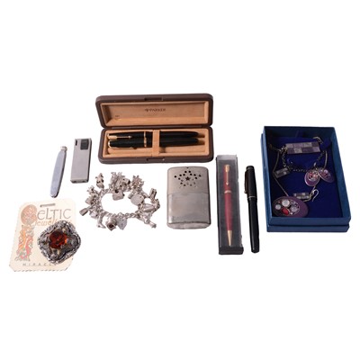 Lot 544 - White metal charm bracelet and charms, costume jewellery, pens, penknives, and lighters.