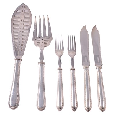 Lot 334 - Pair of silver-plated fish servers, Martin, Hall & Co Ltd, and set of fish eaters.