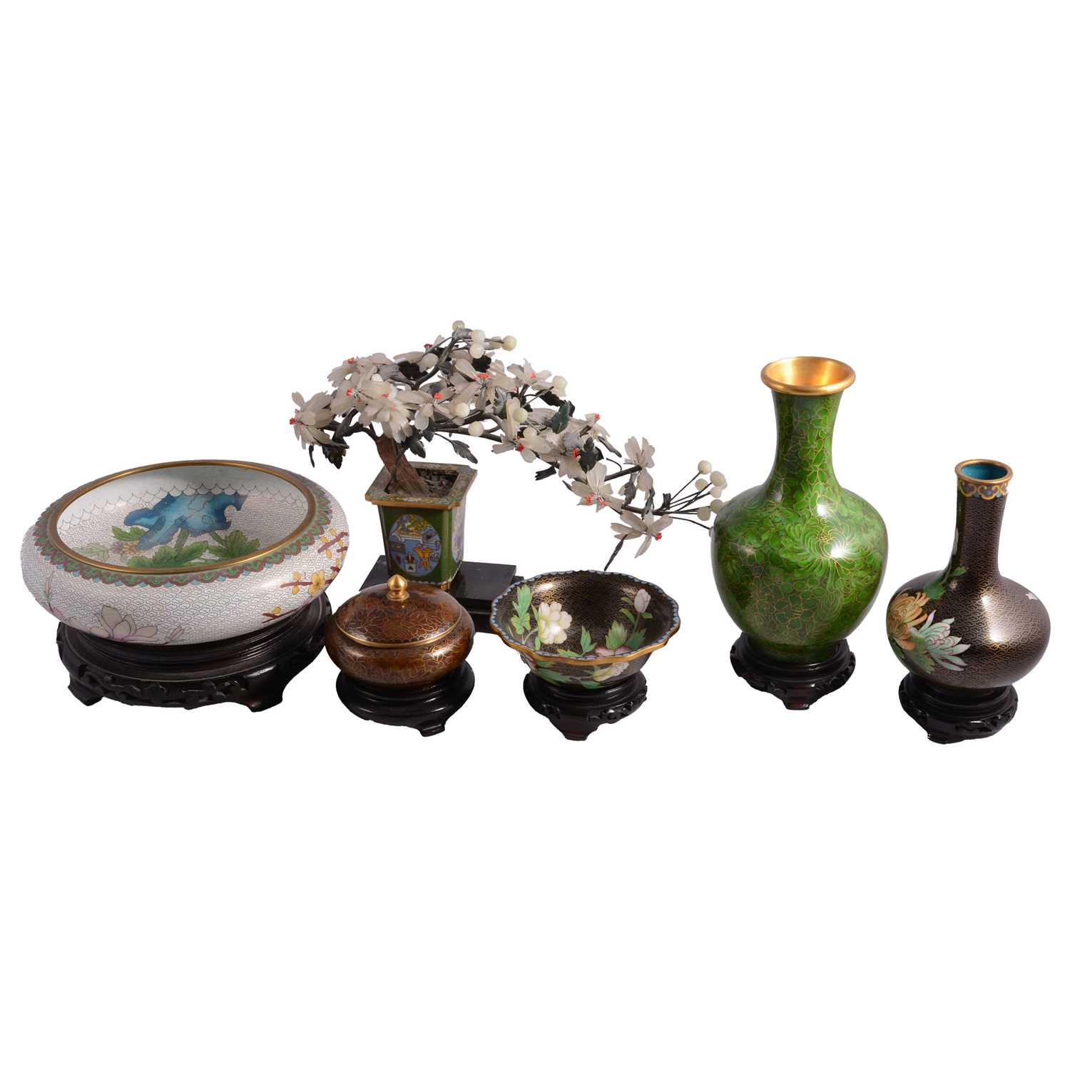 Lot 29 - Chinese hardstone bonsai tree in a cloisonne planter, other modern cloisonne