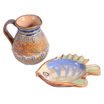 Lot 46 - Mark V Marshall for Doulton Lambeth, a stoneware fish ashtray, and another Doulton jug