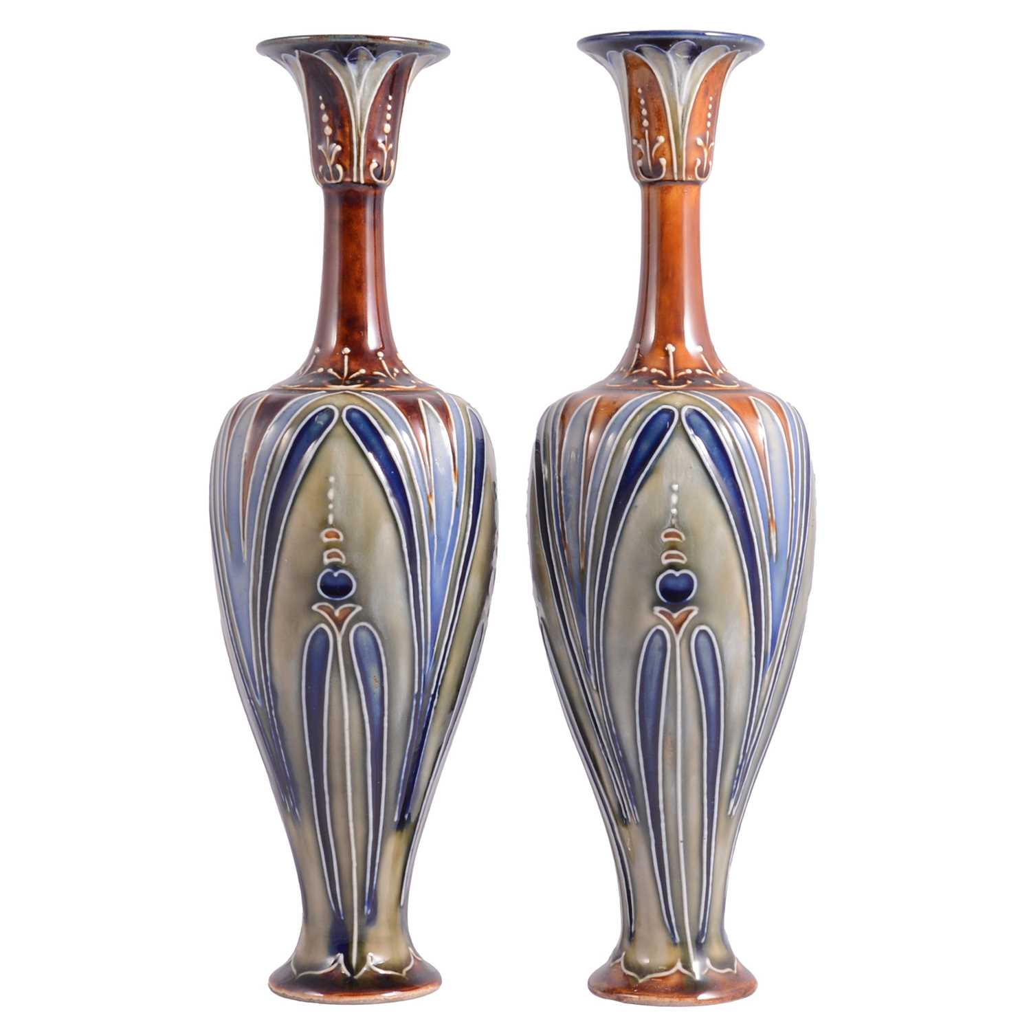 Lot 4 - Mark V Marshall for Doulton Lambeth, a pair of Art Nouveau bud vases