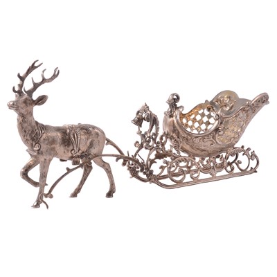 Lot 210 - Continental cast silver reindeer and sleigh, London import mark 1974