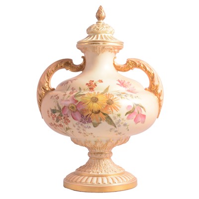 Lot 51 - Royal Worcester blush ivory twin handled vase and cover