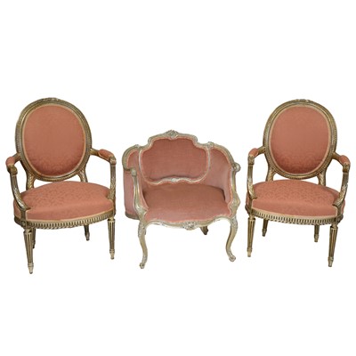 Lot 498 - Pair of silver/gilt elbow chairs, and a similar tub chair