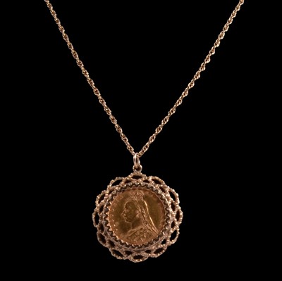 Lot 268 - A Gold Half Sovereign Coin pendant on a chain, Victoria Jubilee Head 1892.
