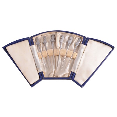 Lot 333 - Set of six silver cockerel cocktail sticks, James Dixon & Sons Ltd, Sheffield 1931.