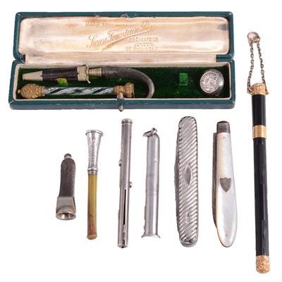 Lot 305 - Silver penknife, Singleton & Priestman, Sheffield 1903, silver pencil, pipe cleaner, pens etc.