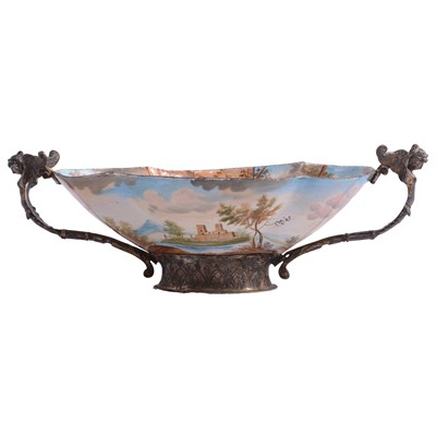 Lot 73 - Vienna enamelled dish with white metal mounts, 19th century