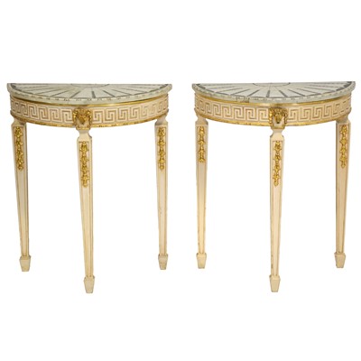 Lot 229 - Pair of French style demi-lune marble-top console tables